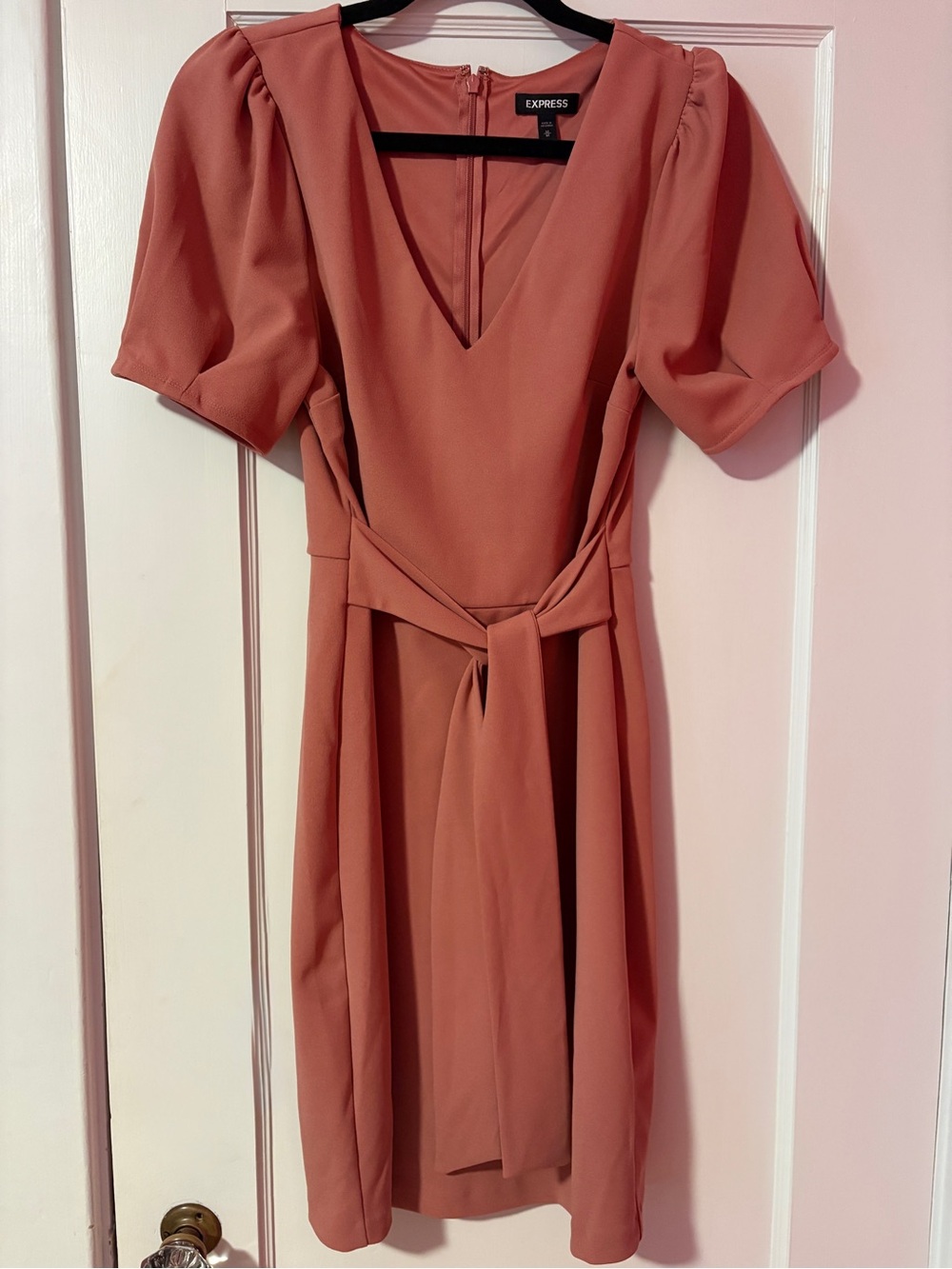 Express Dusty Rose V-Neck Puff Sleeve Tie-Waist Dress